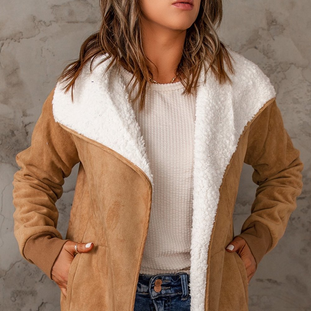 Faux Suede Sherpa Lining Jacket with Pockets,Large,Brown,NWT